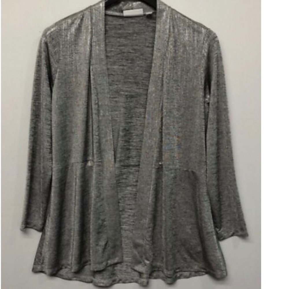 Susan Graver Womens XL Silver Metallic Open Front Peplum Knit Cardigan Sweater